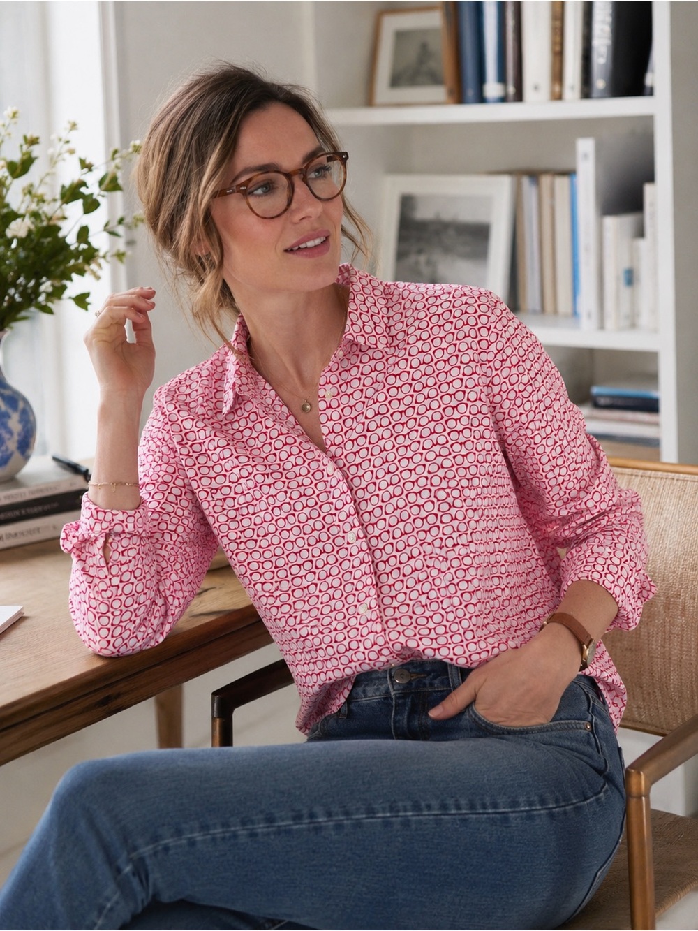 Boden The Classic Shirt  Pink Red Eyeglasses Long-Sleeve Button-Up Shirt size 16
